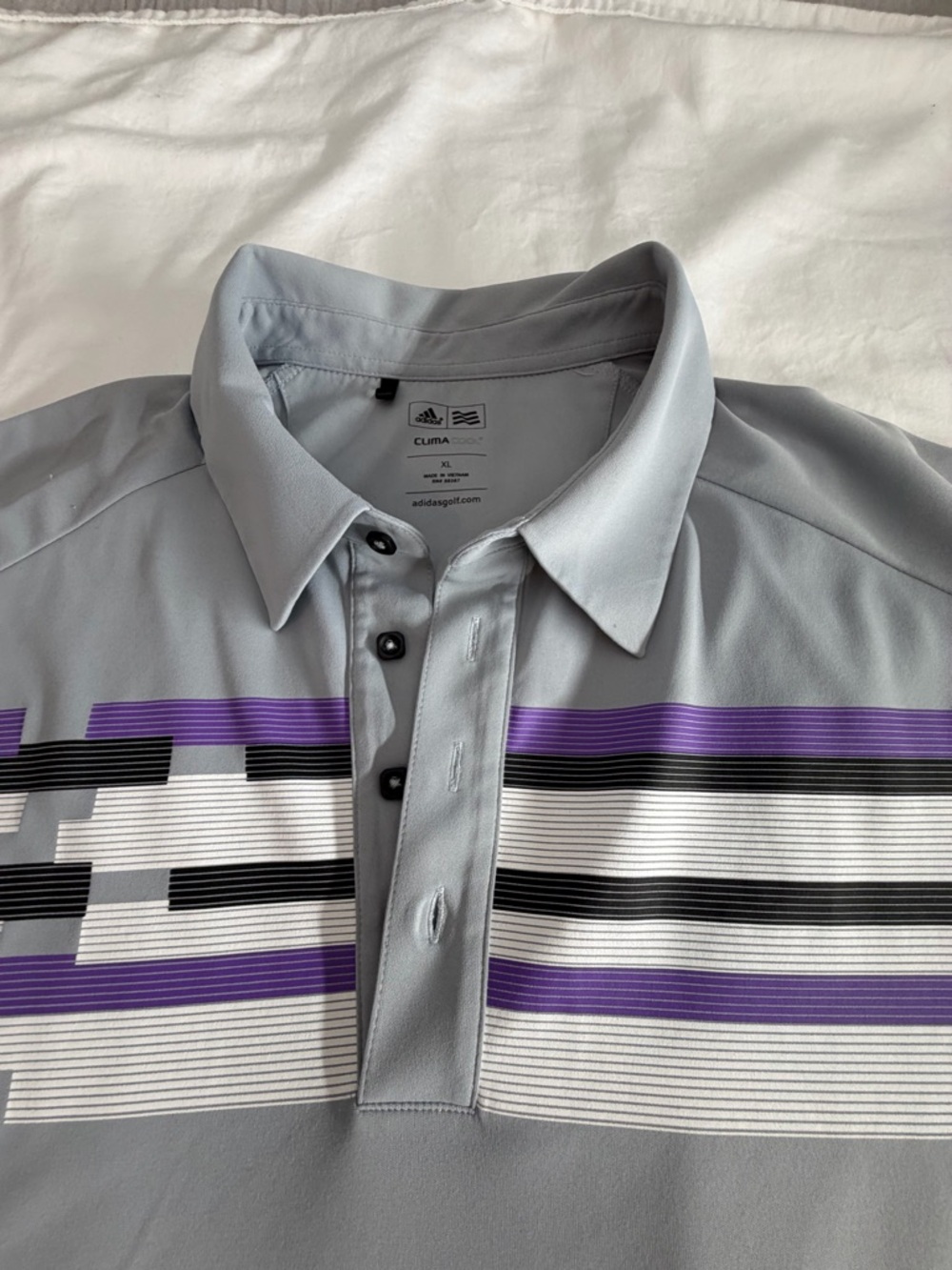 adidas CLIMA Men’s Light Gray Golf Polo with Purple & Black Stripes Size XL
